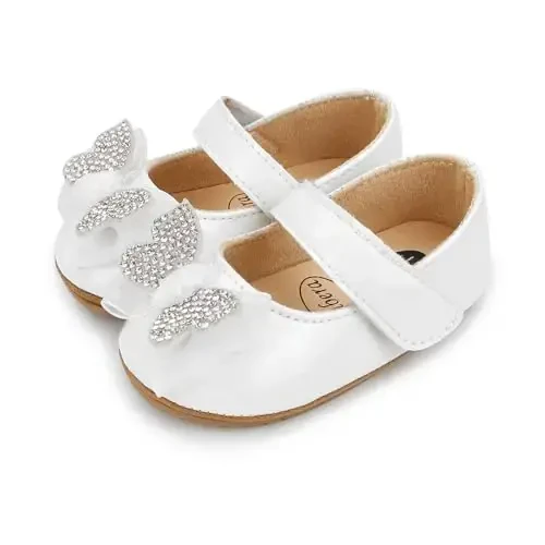 Clowora Infant Toddler Baby Girl Dress Shoes Mary Jane First Walking PU Leather Princess Wedding Rubber Sole Non-Slip with Bowknot Floral Flats - 3