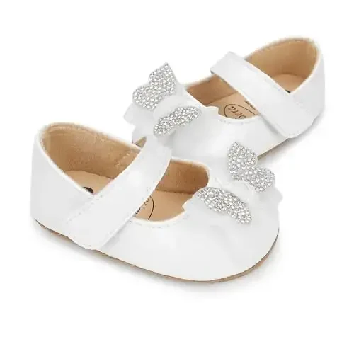 Clowora Infant Toddler Baby Girl Dress Shoes Mary Jane First Walking PU Leather Princess Wedding Rubber Sole Non-Slip with Bowknot Floral Flats - 4