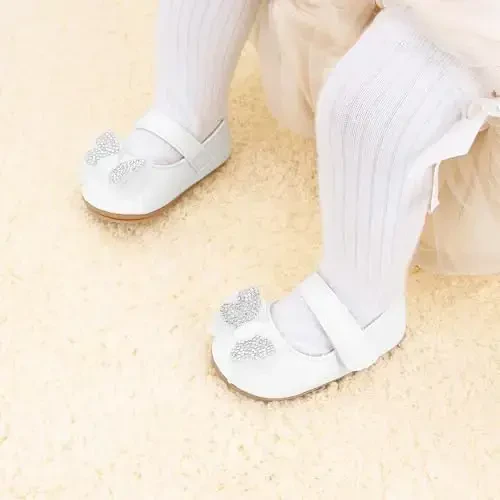 Clowora Infant Toddler Baby Girl Dress Shoes Mary Jane First Walking PU Leather Princess Wedding Rubber Sole Non-Slip with Bowknot Floral Flats - 5