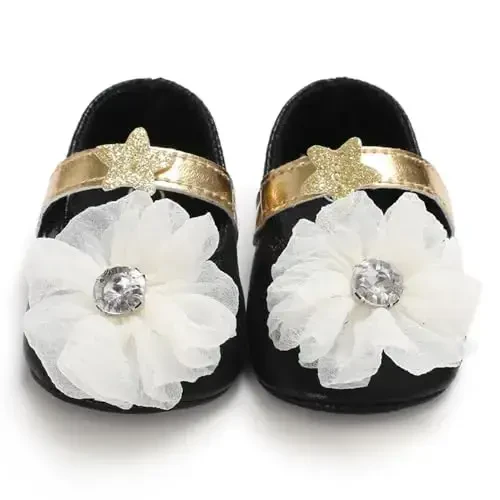 Clowora Infant Toddler Baby Girl Dress Shoes Mary Jane First Walking PU Leather Princess Wedding Rubber Sole Non-Slip with Bowknot Floral Flats - 7