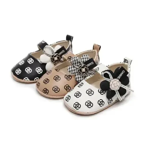 Clowora Infant Toddler Baby Girl Dress Shoes Mary Jane First Walking PU Leather Princess Wedding Rubber Sole Non-Slip with Bowknot Floral Flats - 4