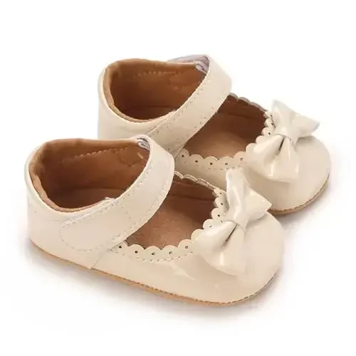 Clowora Infant Toddler Baby Girl Dress Shoes Mary Jane First Walking PU Leather Princess Wedding Rubber Sole Non-Slip with Bowknot Floral Flats - 3