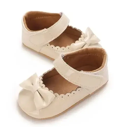 Clowora Infant Toddler Baby Girl Dress Shoes Mary Jane First Walking PU Leather Princess Wedding Rubber Sole Non-Slip with Bowknot Floral Flats - 5
