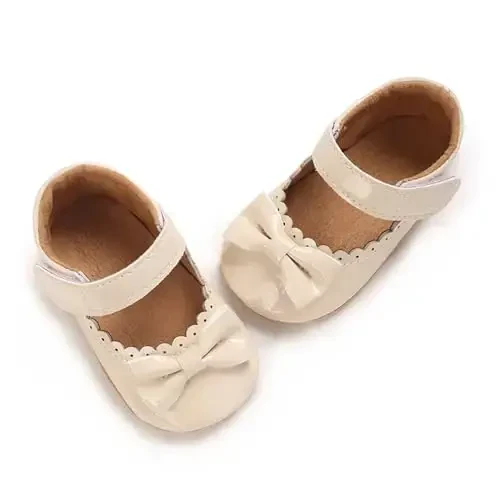 Clowora Infant Toddler Baby Girl Dress Shoes Mary Jane First Walking PU Leather Princess Wedding Rubber Sole Non-Slip with Bowknot Floral Flats - 6