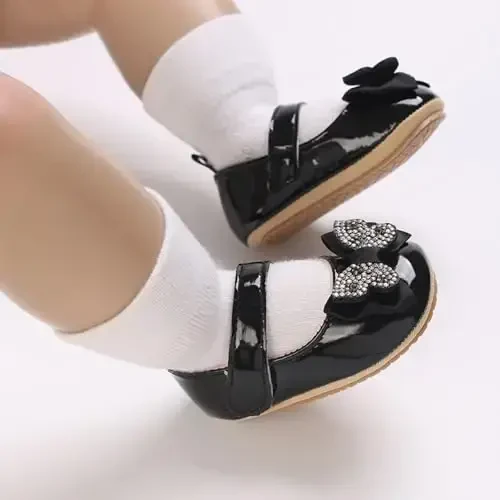 Clowora Infant Toddler Baby Girl Dress Shoes Mary Jane First Walking PU Leather Princess Wedding Rubber Sole Non-Slip with Bowknot Floral Flats - 2
