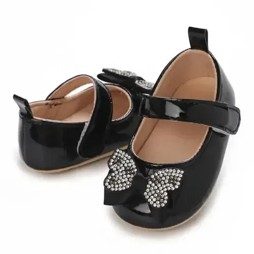 Clowora Infant Toddler Baby Girl Dress Shoes Mary Jane First Walking PU Leather Princess Wedding Rubber Sole Non-Slip with Bowknot Floral Flats - 4