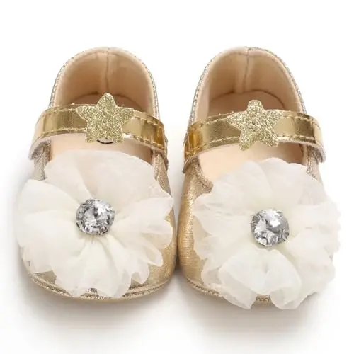 Clowora Infant Toddler Baby Girl Dress Shoes Mary Jane First Walking PU Leather Princess Wedding Rubber Sole Non-Slip with Bowknot Floral Flats - 2