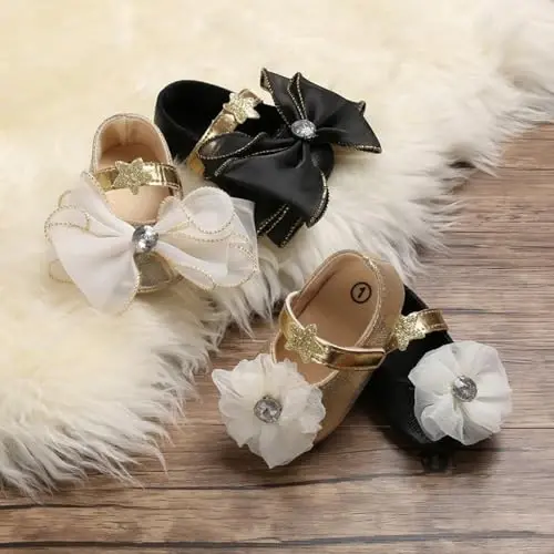 Clowora Infant Toddler Baby Girl Dress Shoes Mary Jane First Walking PU Leather Princess Wedding Rubber Sole Non-Slip with Bowknot Floral Flats - 3