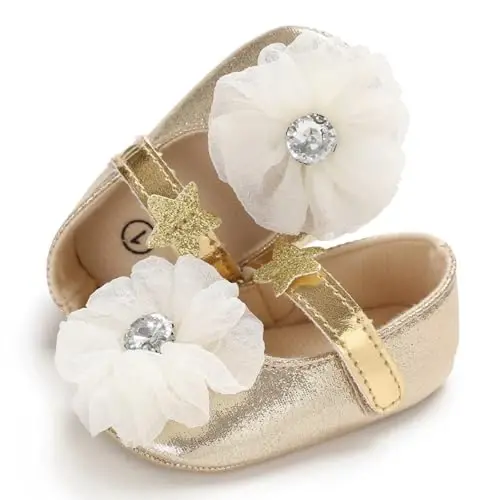 Clowora Infant Toddler Baby Girl Dress Shoes Mary Jane First Walking PU Leather Princess Wedding Rubber Sole Non-Slip with Bowknot Floral Flats - 4