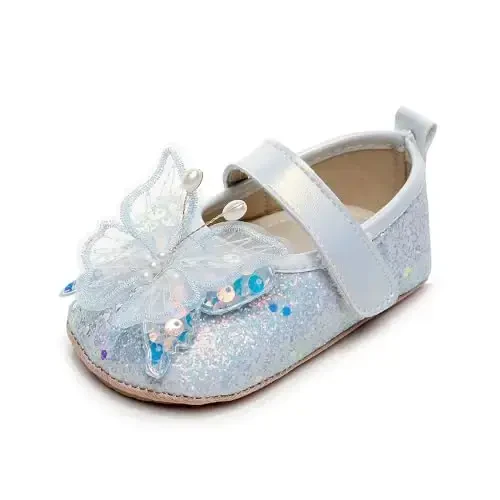 Clowora Infant Toddler Baby Girl Dress Shoes Mary Jane First Walking PU Leather Princess Wedding Rubber Sole Non-Slip with Bowknot Floral Flats - 4