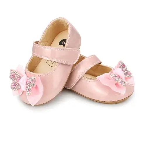 Clowora Infant Toddler Baby Girl Dress Shoes Mary Jane First Walking PU Leather Princess Wedding Rubber Sole Non-Slip with Bowknot Floral Flats - 4