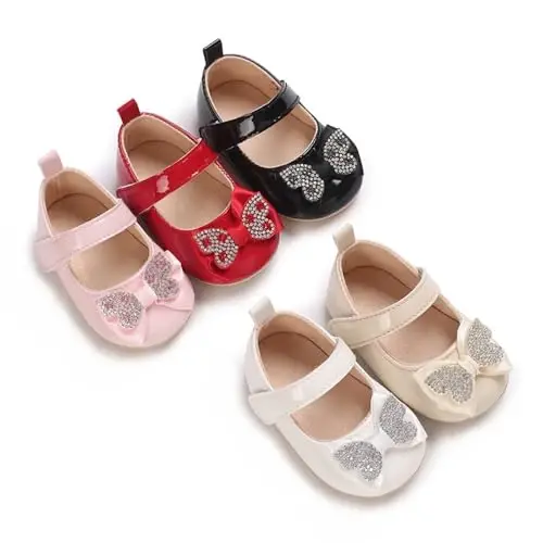 Clowora Infant Toddler Baby Girl Dress Shoes Mary Jane First Walking PU Leather Princess Wedding Rubber Sole Non-Slip with Bowknot Floral Flats - 6