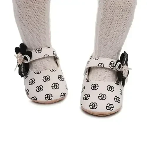 Clowora Infant Toddler Baby Girl Dress Shoes Mary Jane First Walking PU Leather Princess Wedding Rubber Sole Non-Slip with Bowknot Floral Flats - 3