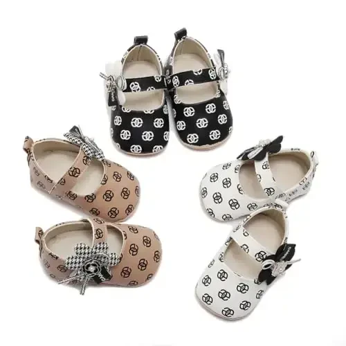 Clowora Infant Toddler Baby Girl Dress Shoes Mary Jane First Walking PU Leather Princess Wedding Rubber Sole Non-Slip with Bowknot Floral Flats - 5