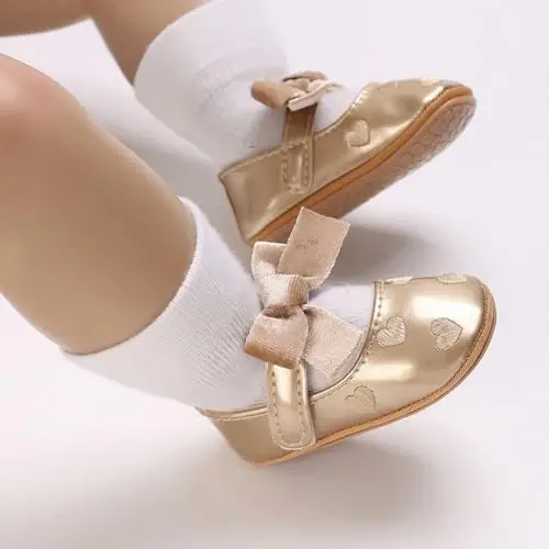 Clowora Infant Toddler Baby Girl Dress Shoes Mary Jane First Walking PU Leather Princess Wedding Rubber Sole Non-Slip with Bowknot Floral Flats - 3