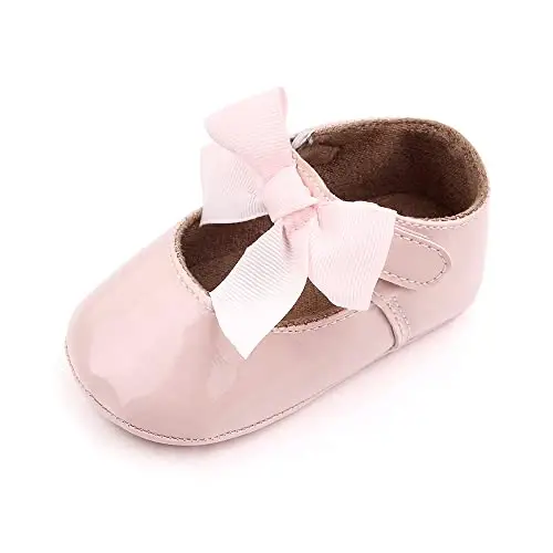 Clowora Infant Toddler Baby Girl Dress Shoes Mary Jane First Walking PU Leather Princess Wedding Rubber Sole Non-Slip with Bowknot Floral Flats - CLOWORA