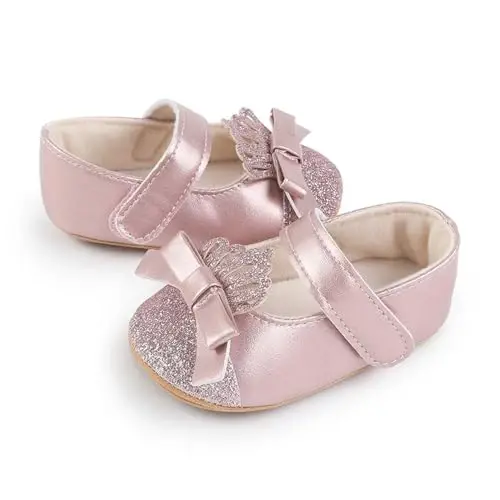 Clowora Infant Toddler Baby Girl Dress Shoes Mary Jane First Walking PU Leather Princess Wedding Rubber Sole Non-Slip with Bowknot Floral Flats - 4