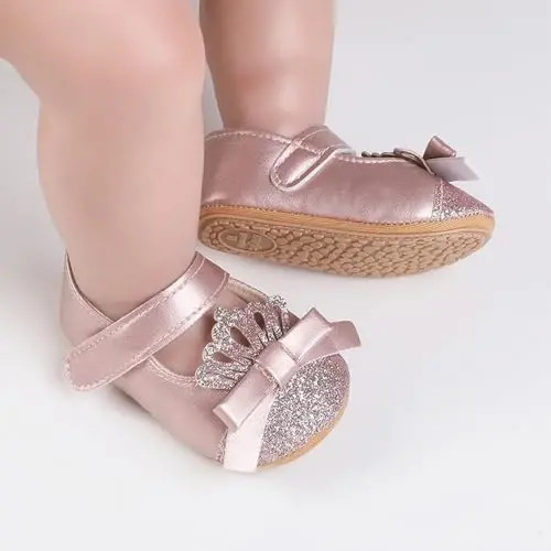 Clowora Infant Toddler Baby Girl Dress Shoes Mary Jane First Walking PU Leather Princess Wedding Rubber Sole Non-Slip with Bowknot Floral Flats - 6