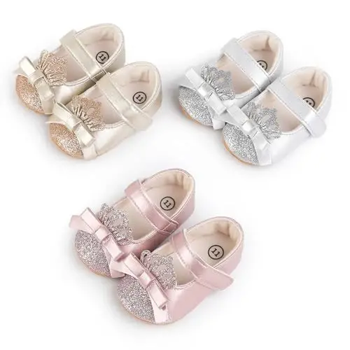 Clowora Infant Toddler Baby Girl Dress Shoes Mary Jane First Walking PU Leather Princess Wedding Rubber Sole Non-Slip with Bowknot Floral Flats - 7
