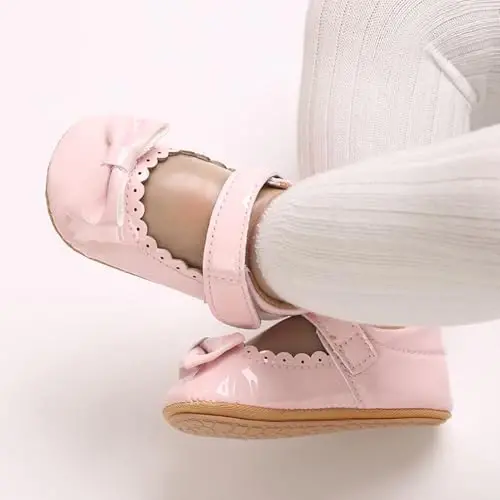 Clowora Infant Toddler Baby Girl Dress Shoes Mary Jane First Walking PU Leather Princess Wedding Rubber Sole Non-Slip with Bowknot Floral Flats - 2