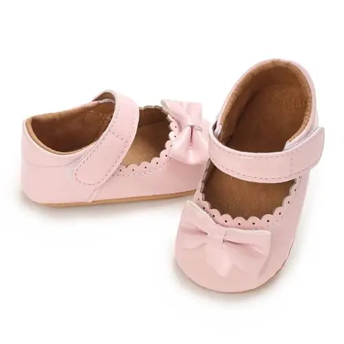 Clowora Infant Toddler Baby Girl Dress Shoes Mary Jane First Walking PU Leather Princess Wedding Rubber Sole Non-Slip with Bowknot Floral Flats - 5