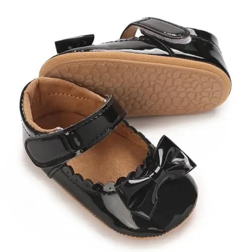 Clowora Infant Toddler Baby Girl Dress Shoes Mary Jane First Walking PU Leather Princess Wedding Rubber Sole Non-Slip with Bowknot Floral Flats - CLOWORA