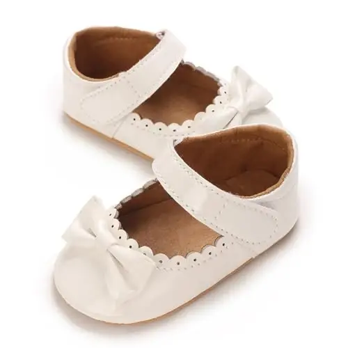 Clowora Infant Toddler Baby Girl Dress Shoes Mary Jane First Walking PU Leather Princess Wedding Rubber Sole Non-Slip with Bowknot Floral Flats - 3