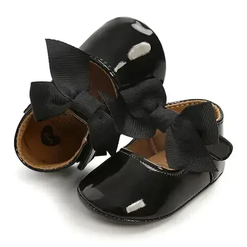 Clowora Infant Toddler Baby Girl Dress Shoes Mary Jane First Walking PU Leather Princess Wedding Rubber Sole Non-Slip with Bowknot Floral Flats - 2