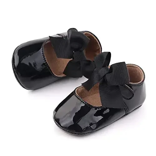 Clowora Infant Toddler Baby Girl Dress Shoes Mary Jane First Walking PU Leather Princess Wedding Rubber Sole Non-Slip with Bowknot Floral Flats - 4