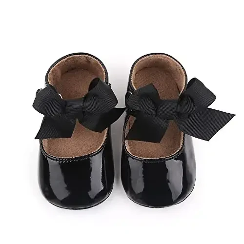 Clowora Infant Toddler Baby Girl Dress Shoes Mary Jane First Walking PU Leather Princess Wedding Rubber Sole Non-Slip with Bowknot Floral Flats - 7