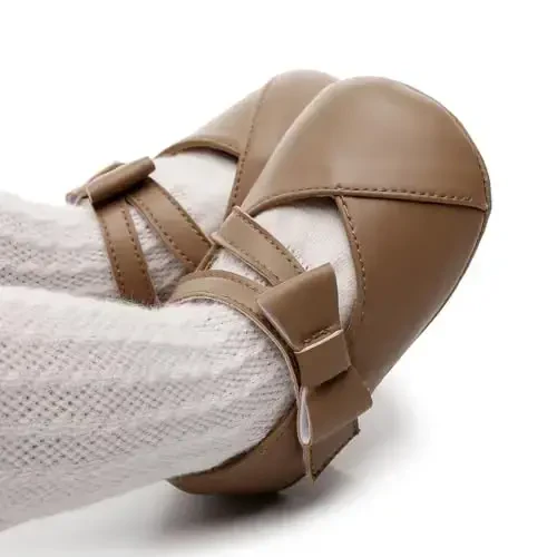 Clowora Infant Toddler Baby Girl Dress Shoes Mary Jane First Walking PU Leather Princess Wedding Rubber Sole Non-Slip with Bowknot Floral Flats - 2