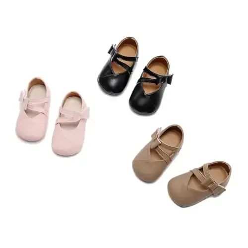 Clowora Infant Toddler Baby Girl Dress Shoes Mary Jane First Walking PU Leather Princess Wedding Rubber Sole Non-Slip with Bowknot Floral Flats - 5