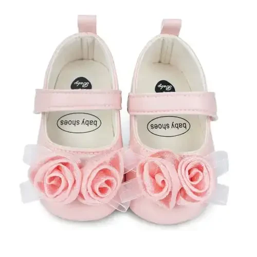Clowora Infant Toddler Baby Girl Dress Shoes Mary Jane First Walking PU Leather Princess Wedding Rubber Sole Non-Slip with Bowknot Floral Flats - 2