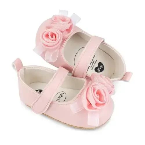 Clowora Infant Toddler Baby Girl Dress Shoes Mary Jane First Walking PU Leather Princess Wedding Rubber Sole Non-Slip with Bowknot Floral Flats - 3