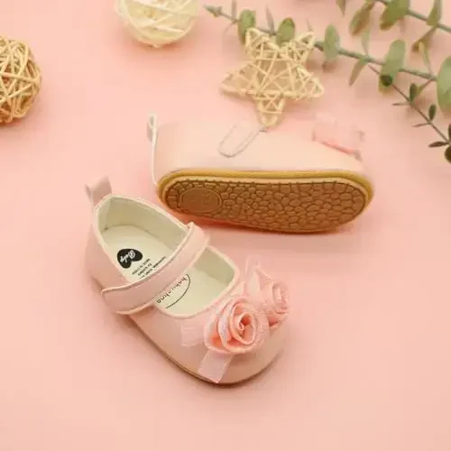 Clowora Infant Toddler Baby Girl Dress Shoes Mary Jane First Walking PU Leather Princess Wedding Rubber Sole Non-Slip with Bowknot Floral Flats - 6