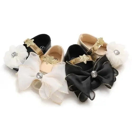 Clowora Infant Toddler Baby Girl Dress Shoes Mary Jane First Walking PU Leather Princess Wedding Rubber Sole Non-Slip with Bowknot Floral Flats - 4