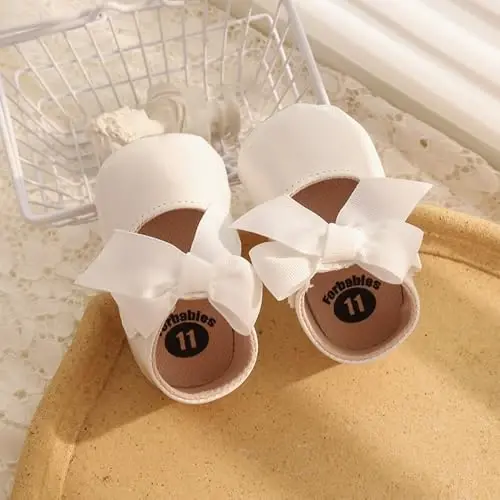 Clowora Infant Toddler Baby Girl Dress Shoes Mary Jane First Walking PU Leather Princess Wedding Rubber Sole Non-Slip with Bowknot Floral Flats - 6