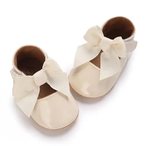 Clowora Infant Toddler Baby Girl Dress Shoes Mary Jane First Walking PU Leather Princess Wedding Rubber Sole Non-Slip with Bowknot Floral Flats - 1