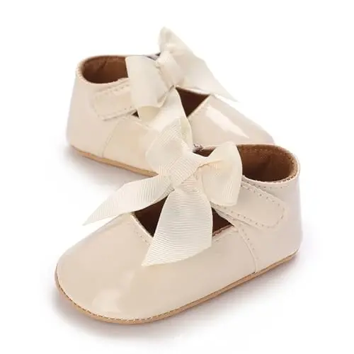 Clowora Infant Toddler Baby Girl Dress Shoes Mary Jane First Walking PU Leather Princess Wedding Rubber Sole Non-Slip with Bowknot Floral Flats - 3