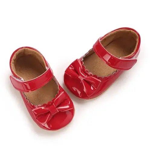 Clowora Infant Toddler Baby Girl Dress Shoes Mary Jane First Walking PU Leather Princess Wedding Rubber Sole Non-Slip with Bowknot Floral Flats - 4