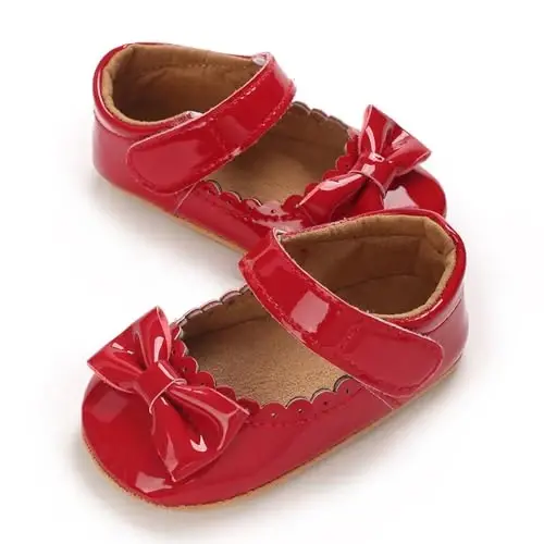 Clowora Infant Toddler Baby Girl Dress Shoes Mary Jane First Walking PU Leather Princess Wedding Rubber Sole Non-Slip with Bowknot Floral Flats - 5