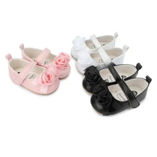 Clowora Infant Toddler Baby Girl Dress Shoes Mary Jane First Walking PU Leather Princess Wedding Rubber Sole Non-Slip with Bowknot Floral Flats - 7