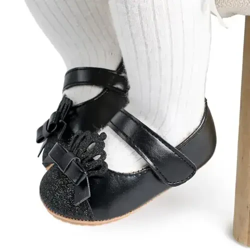 Clowora Infant Toddler Baby Girl Dress Shoes Mary Jane First Walking PU Leather Princess Wedding Rubber Sole Non-Slip with Bowknot Floral Flats - 4
