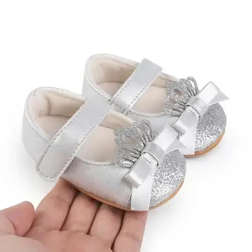 Clowora Infant Toddler Baby Girl Dress Shoes Mary Jane First Walking PU Leather Princess Wedding Rubber Sole Non-Slip with Bowknot Floral Flats - 2