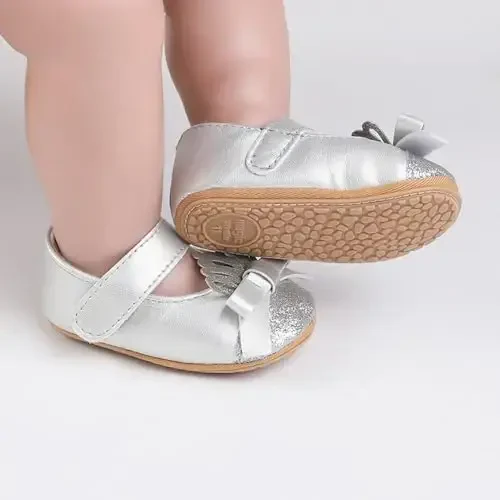 Clowora Infant Toddler Baby Girl Dress Shoes Mary Jane First Walking PU Leather Princess Wedding Rubber Sole Non-Slip with Bowknot Floral Flats - 3