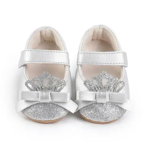 Clowora Infant Toddler Baby Girl Dress Shoes Mary Jane First Walking PU Leather Princess Wedding Rubber Sole Non-Slip with Bowknot Floral Flats - 4