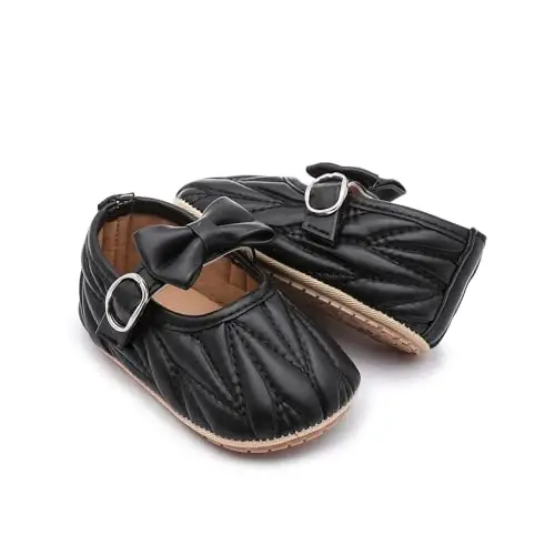 Clowora Infant Toddler Baby Girl Dress Shoes Mary Jane First Walking PU Leather Princess Wedding Rubber Sole Non-Slip with Bowknot Floral Flats - 4