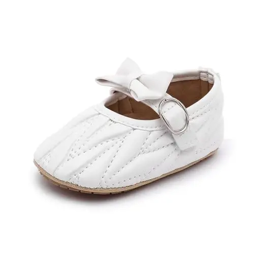 Clowora Infant Toddler Baby Girl Dress Shoes Mary Jane First Walking PU Leather Princess Wedding Rubber Sole Non-Slip with Bowknot Floral Flats 