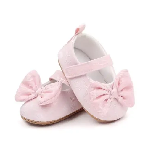 Clowora Infant Toddler Baby Girl Dress Shoes Mary Jane First Walking PU Leather Princess Wedding Rubber Sole Non-Slip with Bowknot Floral Flats - Clowora (1)