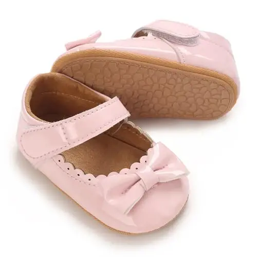 Clowora Infant Toddler Baby Girl Kiyim kechaklari Mary Jane Birinchi Yurish PU Charm malikasi To'y Kauchuk Taglik Sirpanmaydigan Kamon tugunli Gul tekis oyoq kiyimlari - CLOWORA